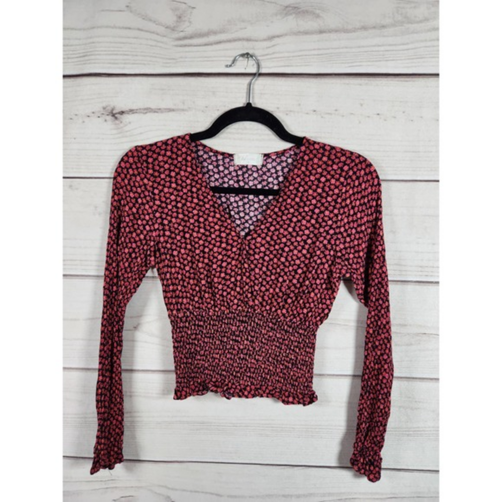 Altar’d State Womens Cropped Top Floral Smocked V-Neck Long Sleeve Multicolor XS